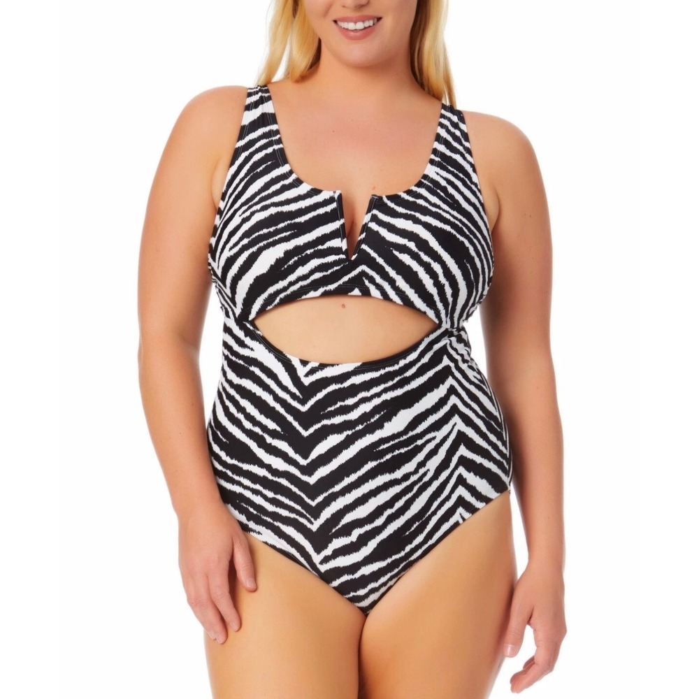 California Waves Womens Zebra‎ Print Cutout One Piece Swimsuit Black White
